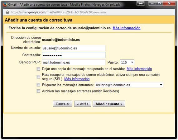 configuracion email hosting en gmail